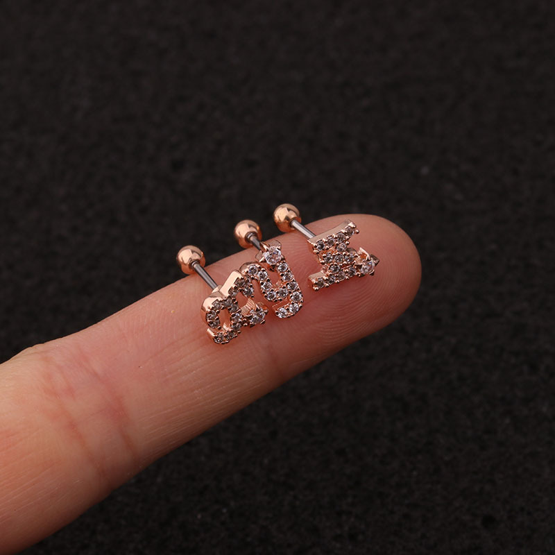 26 English Alphabet Earrings Micro-Inlaid Zircon Screw Earrings Female Stainless Steel Ear Bone Studs