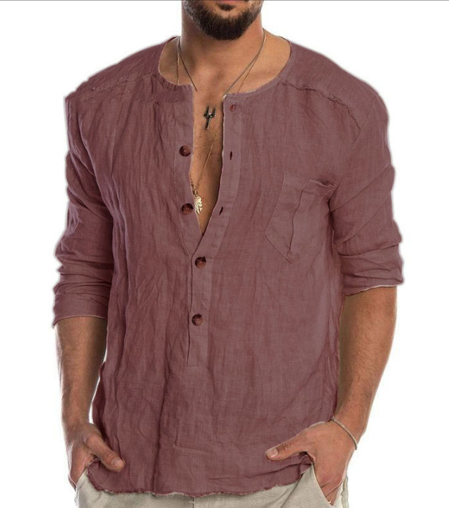 Solid Color Cotton And Linen Men's Round Neck Button Down Shirt