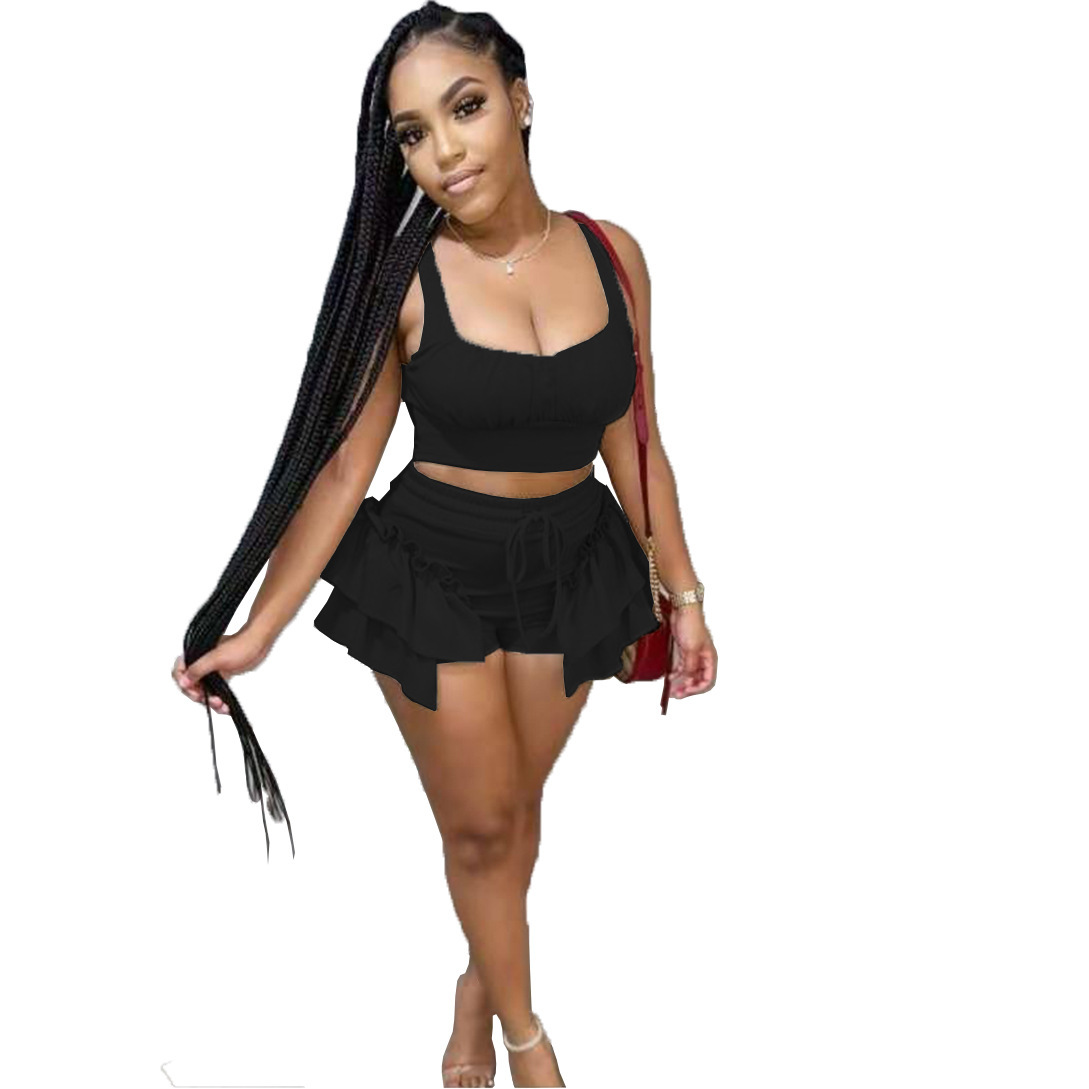 Fashion Women'S Spring And Summer Solid Color Vest Ruffled Elastic Belt Shorts