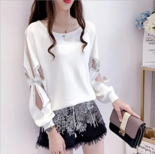 Sequined Hollow Long Sleeve Knit Sweater Loose Base Top White - Shop at LoveMi