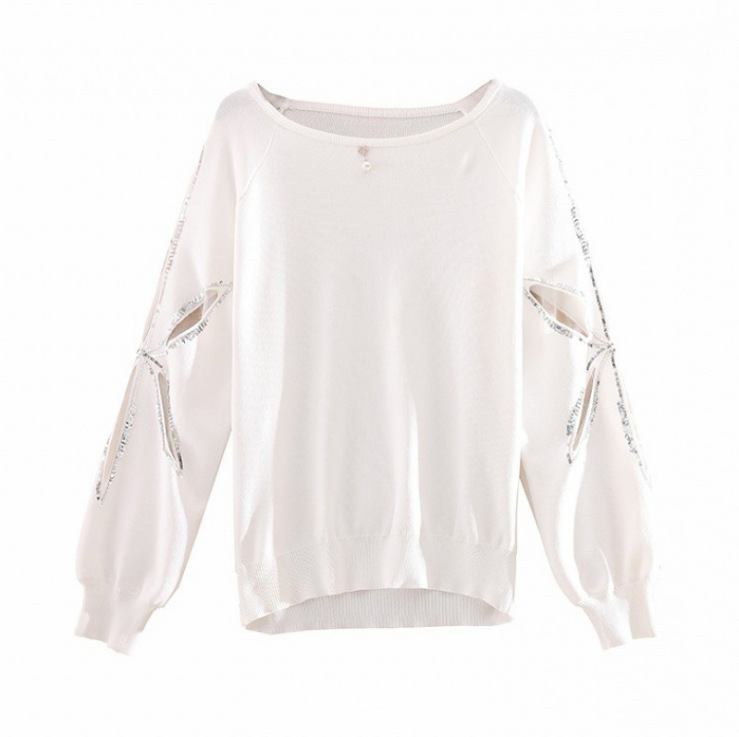 Sequined Hollow Long Sleeve Knit Sweater Loose Base Top