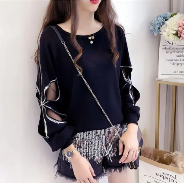 Sequined Hollow Long Sleeve Knit Sweater Loose Base Top Black - Shop at LoveMi