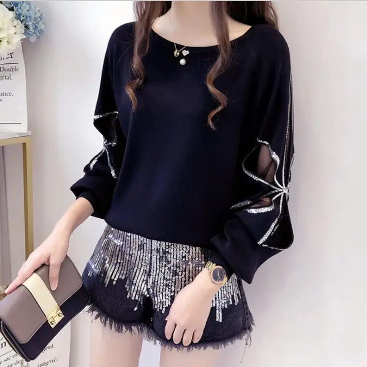 Sequined Hollow Long Sleeve Knit Sweater Loose Base Top