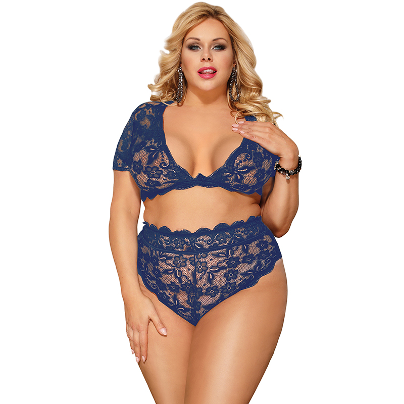 Comeondear High Waist Ensemble Sous Vetement Femme Transparent Underwear Lingerie Set Short Sleeve Bralette Encaje Mujer R80760 Blue - Shop at LoveMi