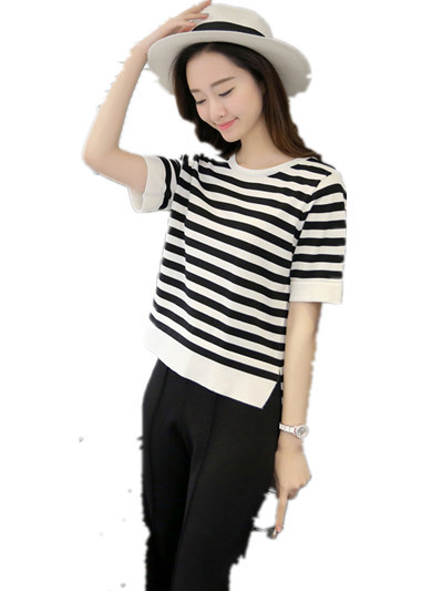 Women'S Black And White Striped Front Short Back Long Short Sleeve T-Shirt