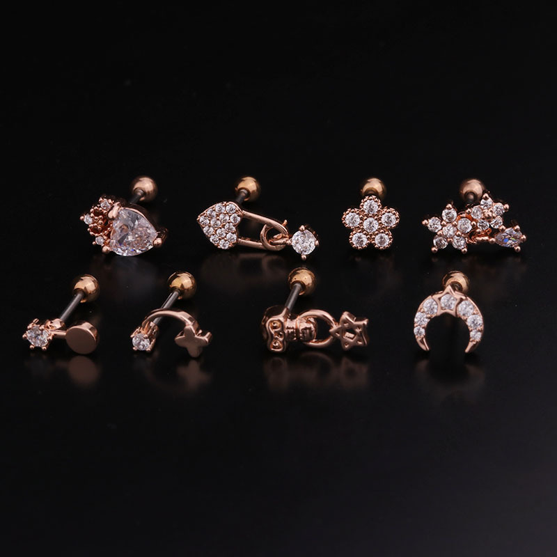 Geometric Shape Stainless Steel Ear Bone Studs Zircon Ear Studs