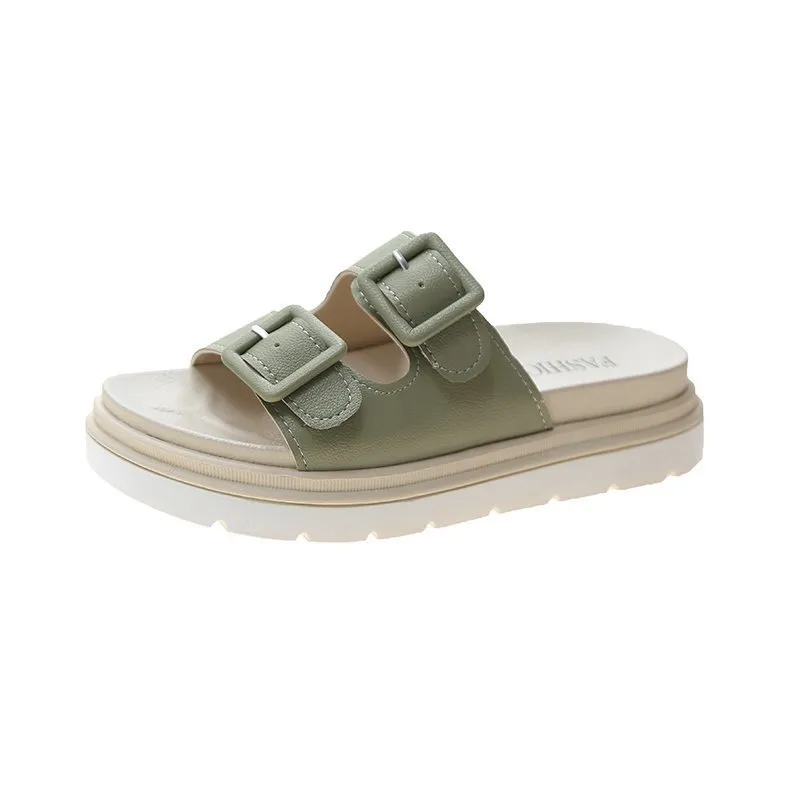 Platform Slippers Sandals Women Buckle Slippers Thick Sole Sandals Women Shoes Summer Leisure Hollow Open Toe Slides - Green