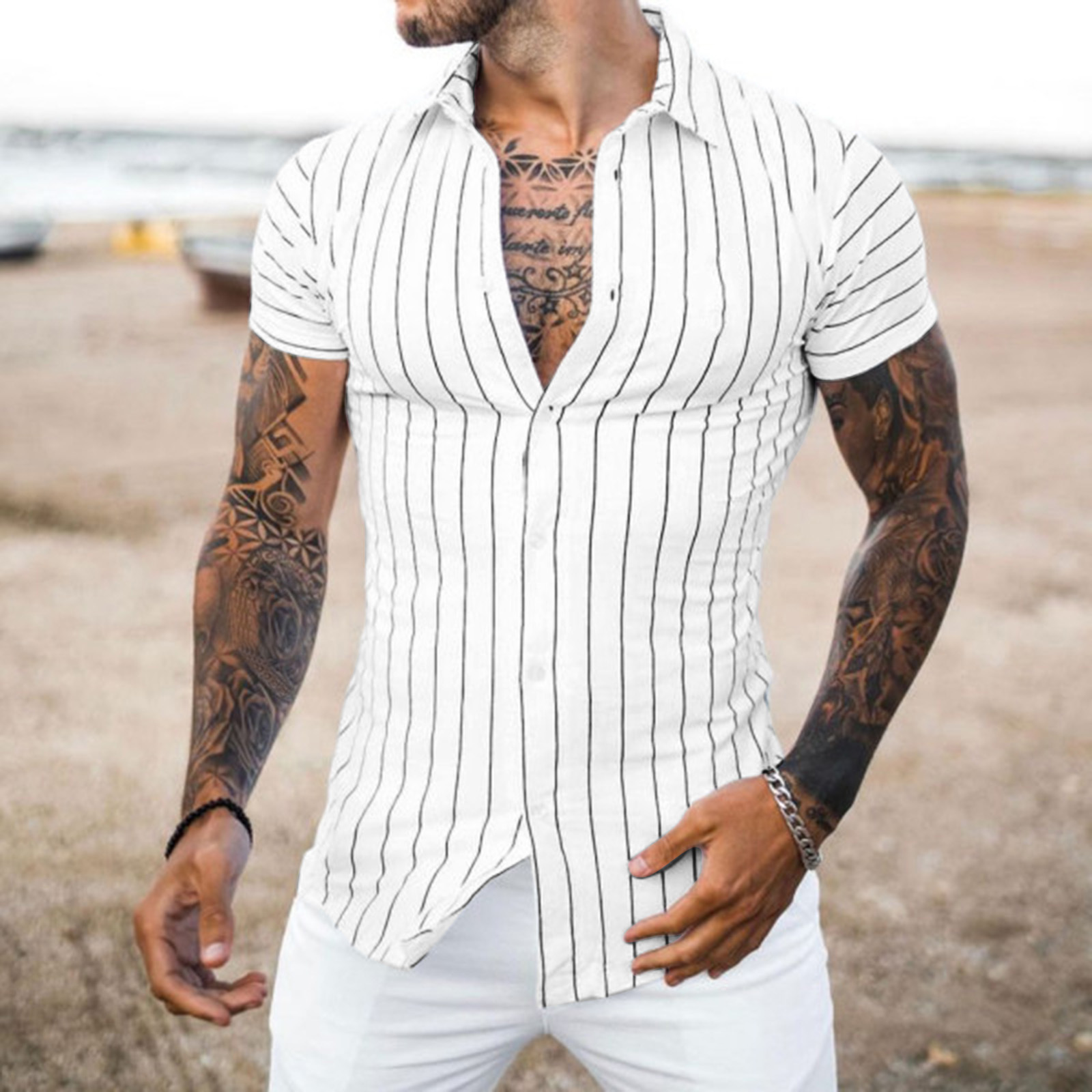 Striped Print Short Sleeve Men's Shirt