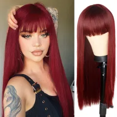 Net Celebrity Female Long Hair Air Bangs Black Long Straight Natural European And American Medium Long Hair Wig Head - Red - View 1
