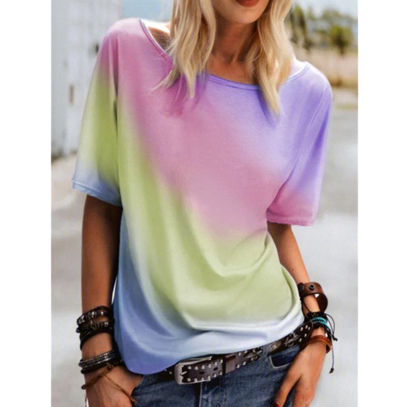 Round Neck Rainbow Printed T-Shirt Loose Casual Top Women