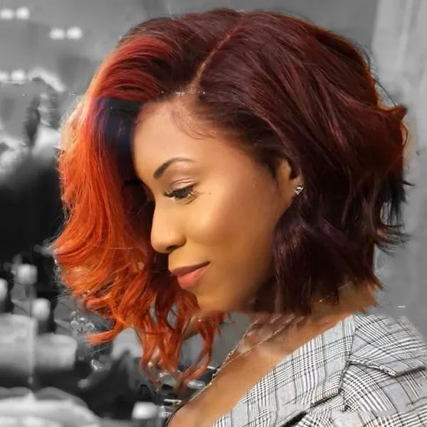 Ladies Short Wavy Brown Synthetic Wig With Long Side Part Bangs Heat Resistant Fiber Wigs Daily Party Use For Women - Red