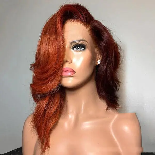Ladies Short Wavy Brown Synthetic Wig with Long Side
