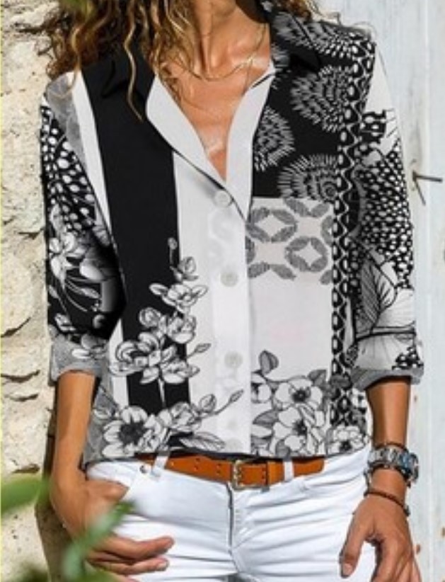 European And American Long-Sleeved Tops Across Women'S Stand-Up Collar Loose Cardigan Printed Retro Black Long-Sleeved Shirt Fashion Shirt Women