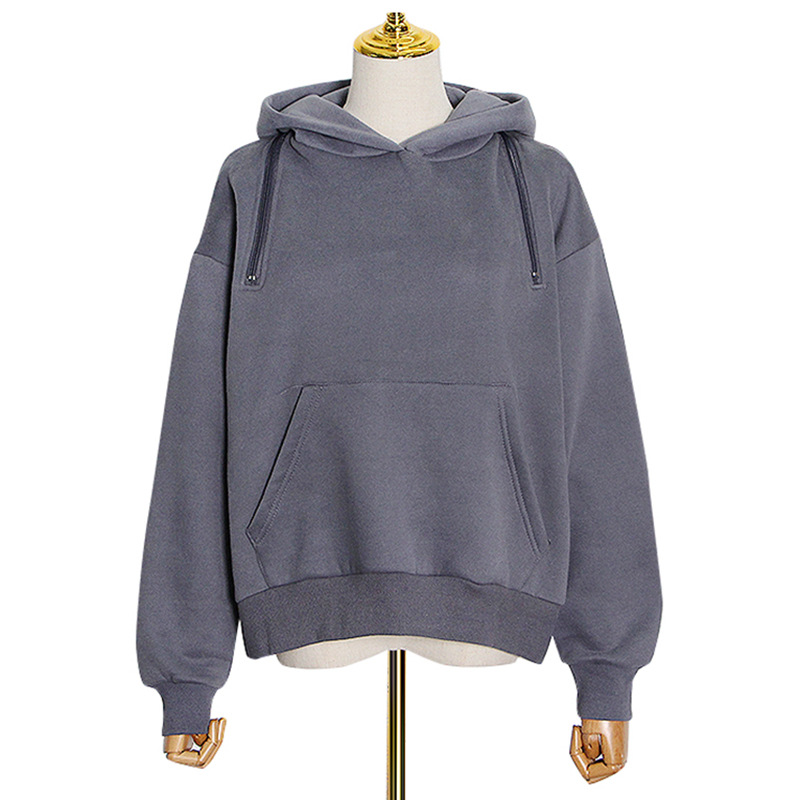 Women's Zipper Hooded Solid Color Loose Sweater