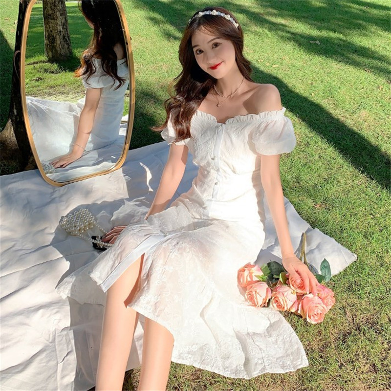 Bubble Short-sleeved One-shoulder Mid-length Waist Dress