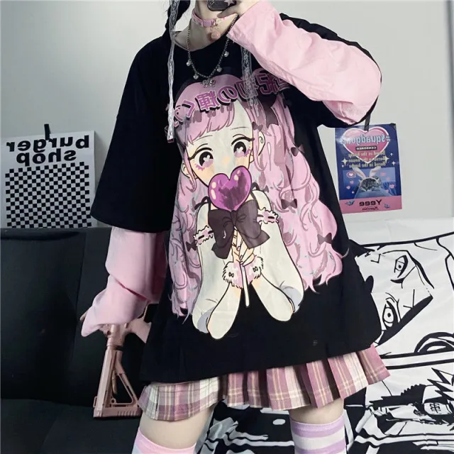 Wild Two Dimensional Printing Fake Two T Shirts Black - Shop at LoveMi