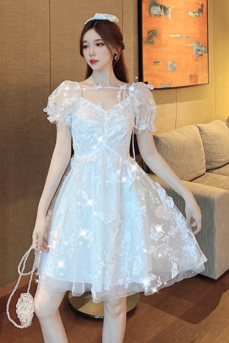 Summer New French Style Court Style Super Fairy First Love Butterfly Lace Bubble Sleeve Princess Dress