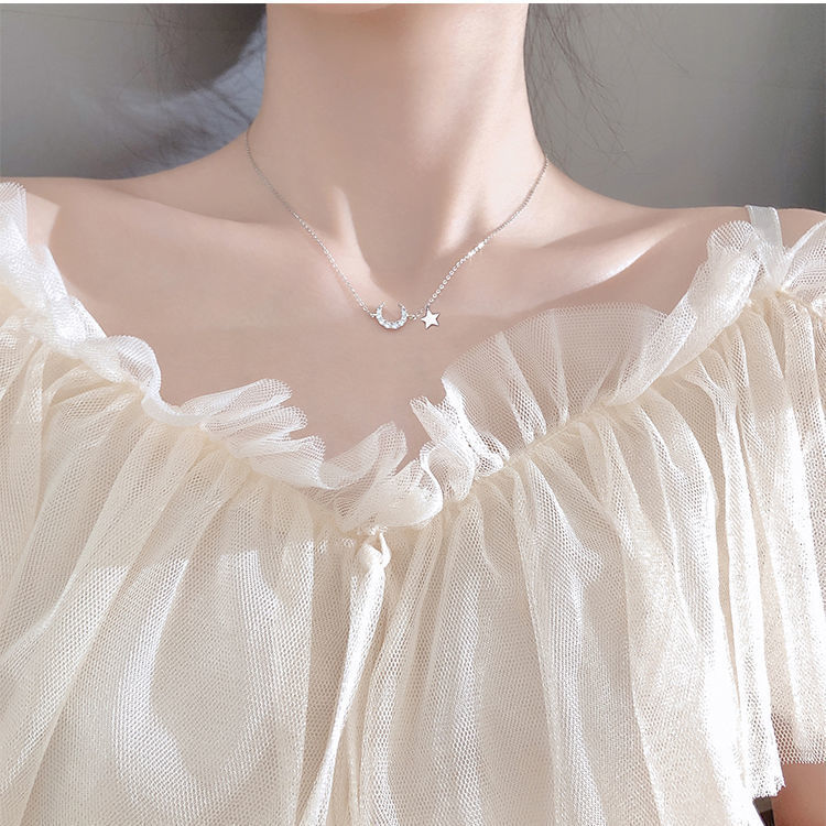 S925 Sterling Silver Moon Star Necklace Female Clavicle Chain
