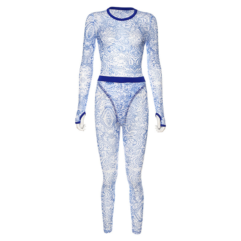 Sexy Mesh See-through Printing Breathable One-piece Trousers Suit