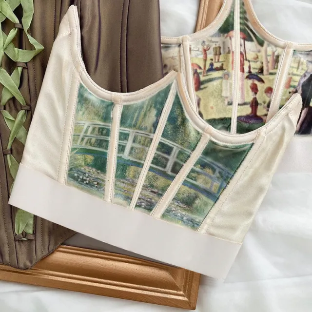Fishbone Waist Stitching Stitching Printed Crown Girdle Top Women'S Clothing Dark Green Girdle - Shop at LoveMi