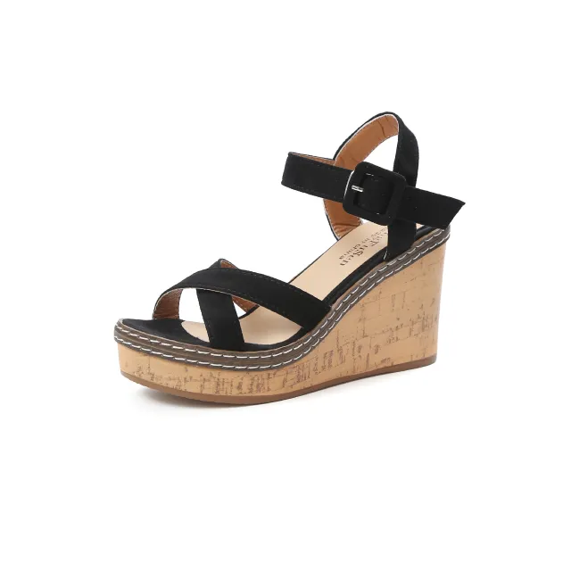 Wedge Heel Buckle Suede Open toe Sandals Black - Shop at LoveMi