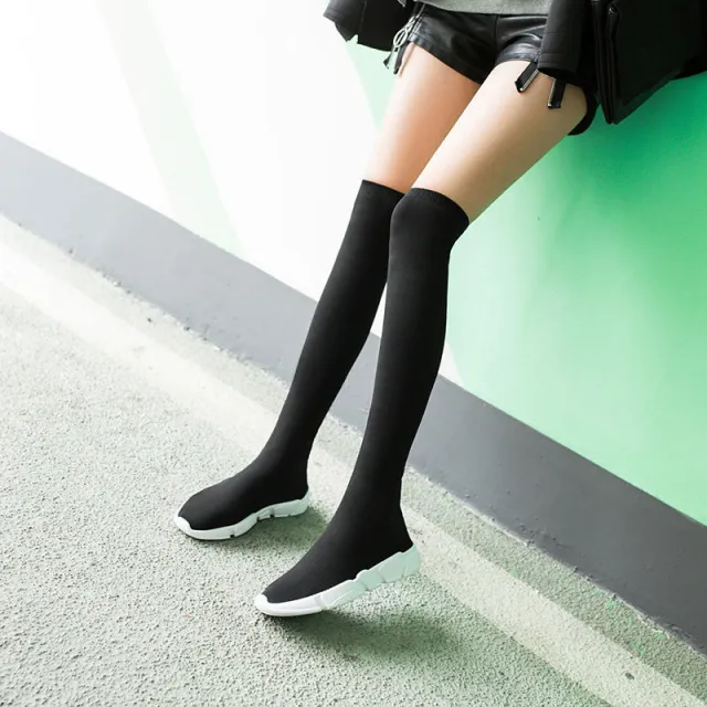 Over The Knee Knitted Wool Stretch Net Red Long Tube Socks Shoes Women Flat Thin Boots Red - Shop at LoveMi