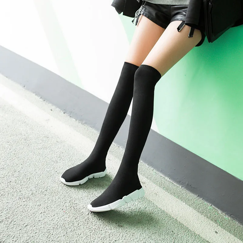 Over The Knee Knitted Wool Stretch Net Red Long Tube Socks Shoes Women Flat Thin Boots - Red