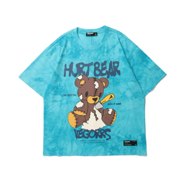 VEGORRS European And American Street Ins Summer New Tie Dye Bear Print Short Sleeved Couple Loose T shirt Male Sky Blue - Shop at LoveMi