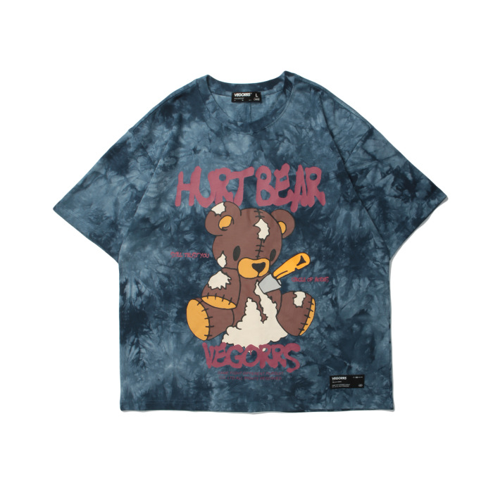 VEGORRS European And American Street Ins Summer New Tie-Dye Bear Print Short-Sleeved Couple Loose T-shirt Male