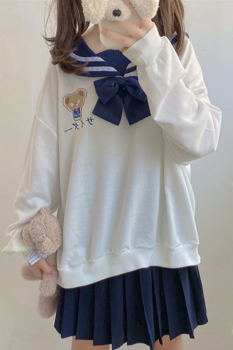 Cute Bear Bowknot Navy Collar Korean Style Loose All-match Student Sweatshirt