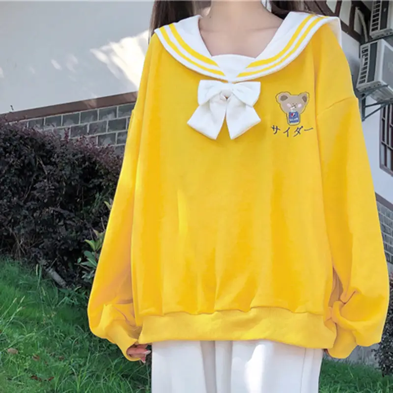 Cute Bear Bowknot Navy Collar Korean Style Loose All-match Student Sweatshirt