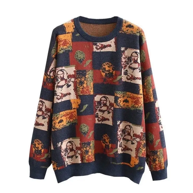 Autumn And Winter Leding New Retro Oil Painting Knit Sweater Loose Women