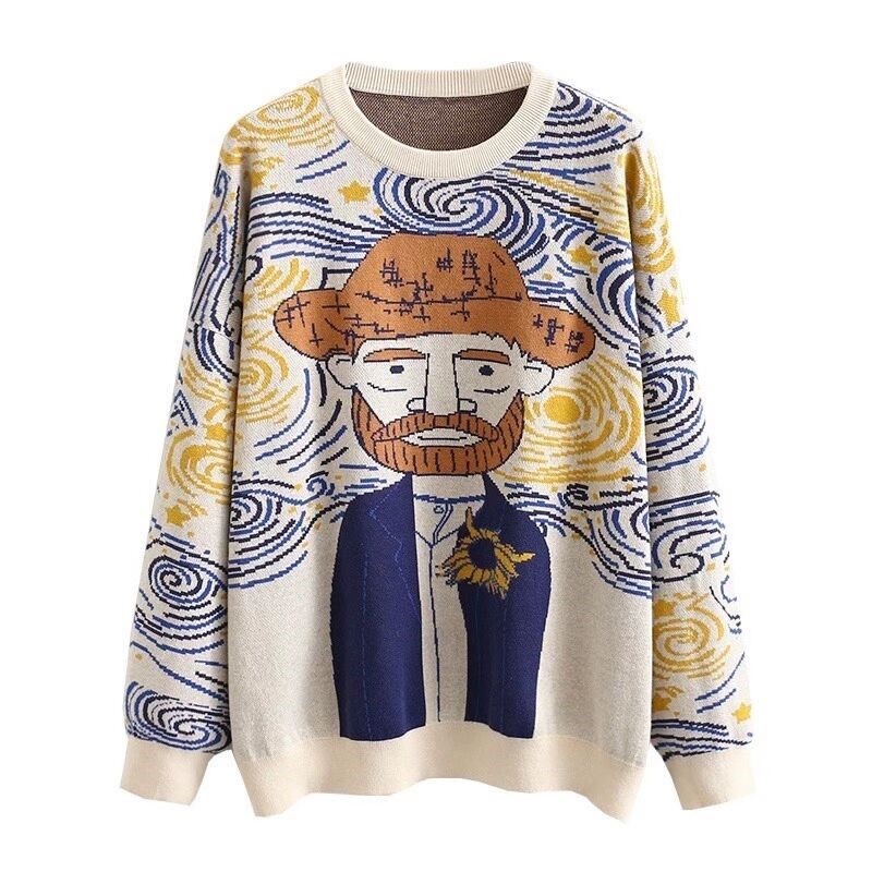  Autumn And Winter Leding New Retro Oil Painting Knit Sweater Loose Women