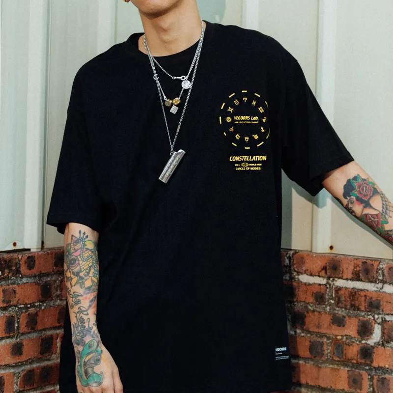 Summer New Street Hip-Hop Hot Stamping Print Round Neck Short Fashion Brand Loose Couple Half Sleeve T-Shirt - Black