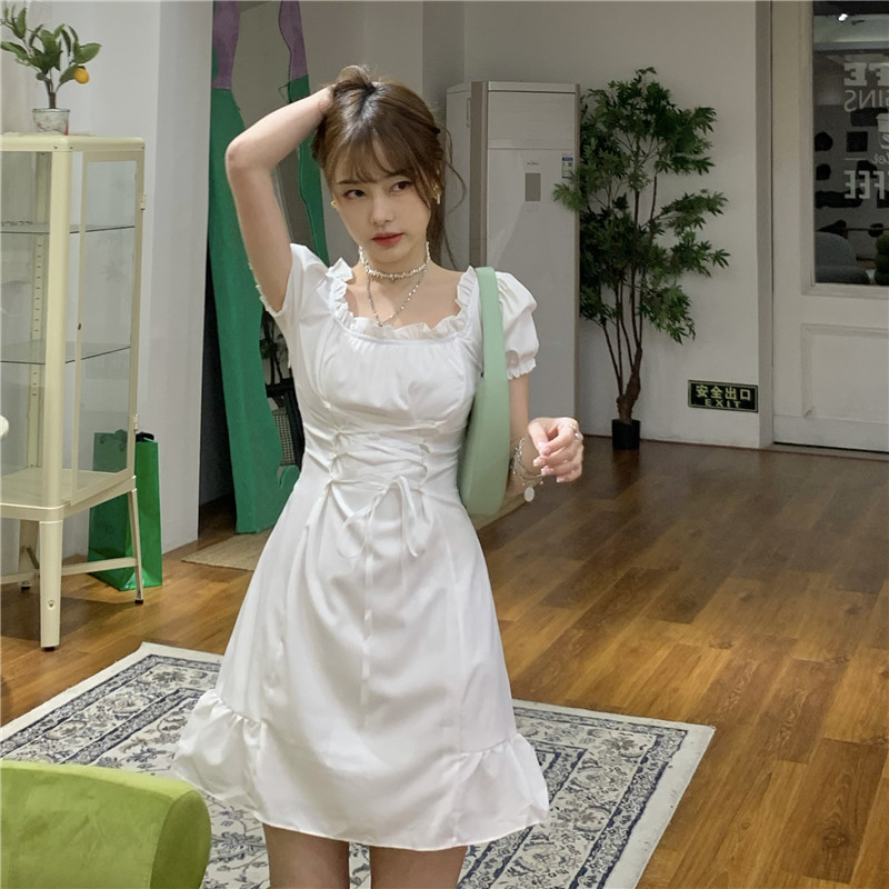 Square Neck Bubble Short-Sleeved Dress Female Summer Lace-Up Waist Was Thin A-Line Skirt