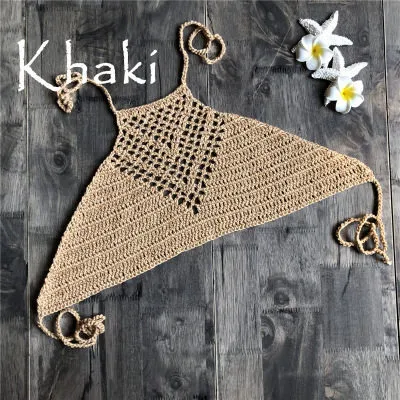 Hand Crochet Beach Bikini Hollow Sexy Beach Braid Wrapped Chest Halter Bikini Underwear Khaki - Shop at LoveMi
