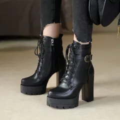 Gdgydh Russian Hots Sales Women Shoes Thick Platform High Heel Female Ankle Boots Round Toe Lace up Zipper Motorcycle Boots - Black - View 1