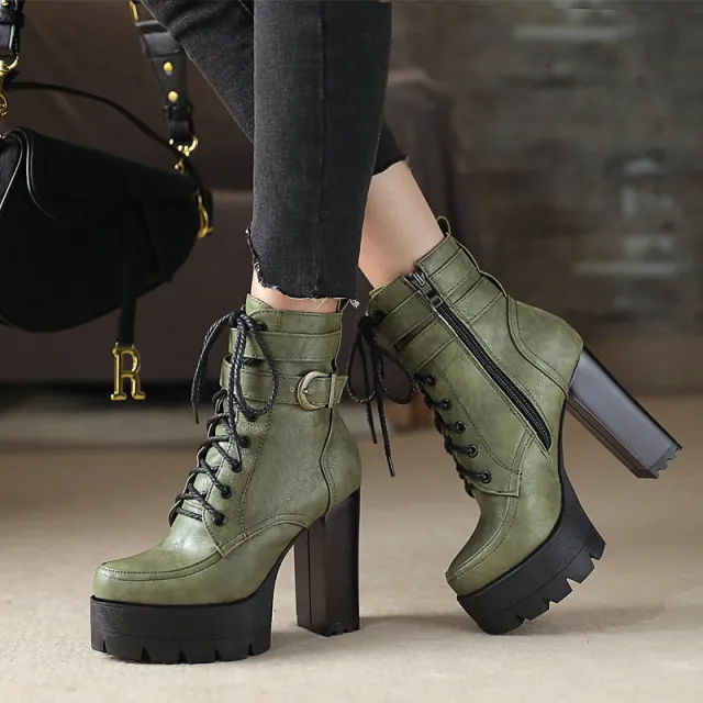 Gdgydh Russian Hots Sales Women Shoes Thick Platform High Heel Female Ankle Boots Round Toe Lace up Zipper Motorcycle Boots Green - Shop at LoveMi