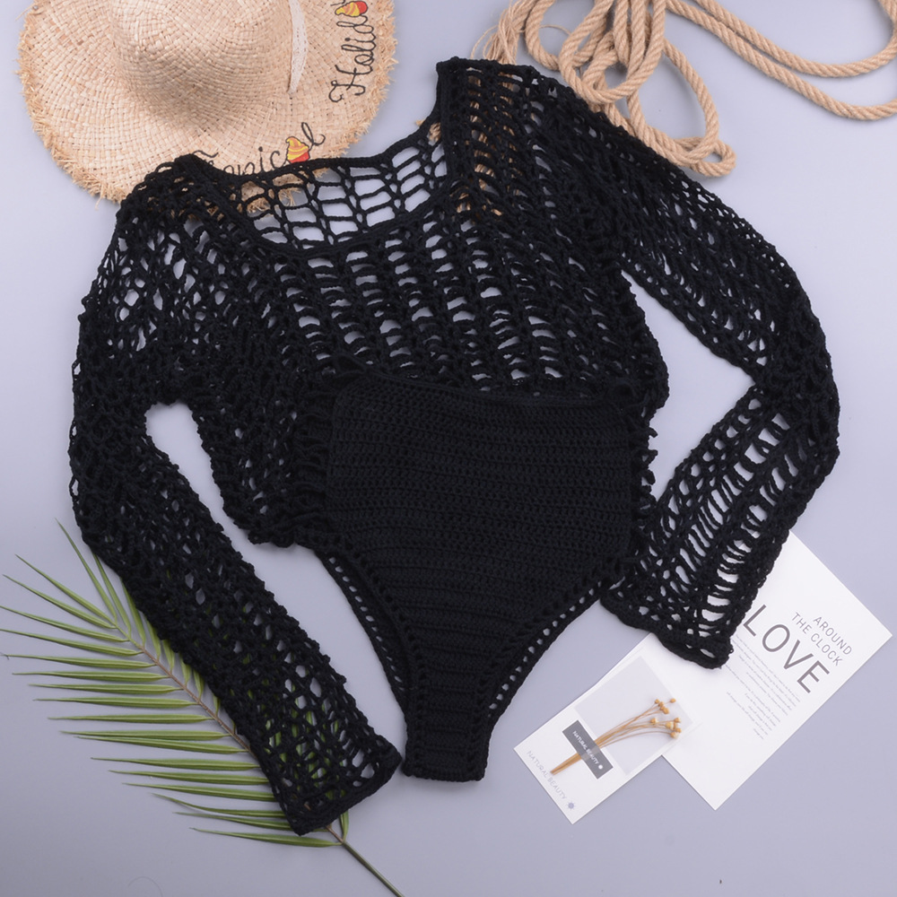 Long Sleeve Hollow Mesh Anti-Sai Top Slim High Waist Pants Hand Hook Split Swimsuit Set