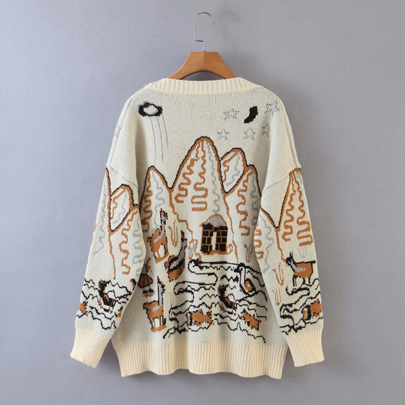 European And American Style Knitted Cardigan Printed Retro Loose And Thin Outer Sweater Coat