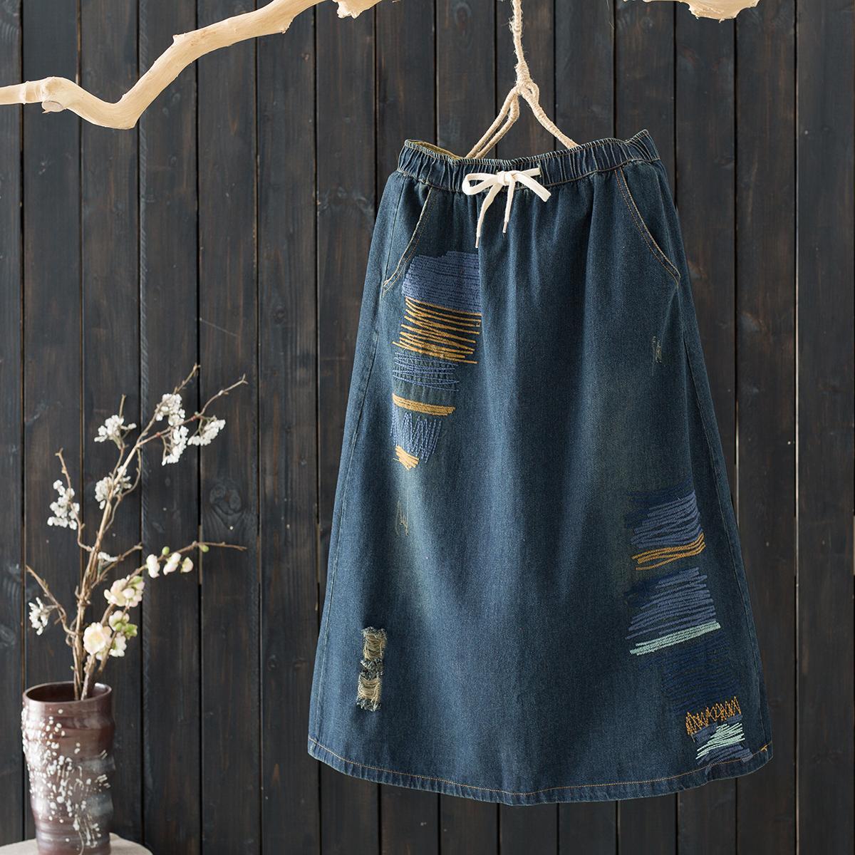 Spring And Summer New Denim A line Skirt Literary Fan Elastic Waist Embroidery Loose Navy - Shop at LoveMi