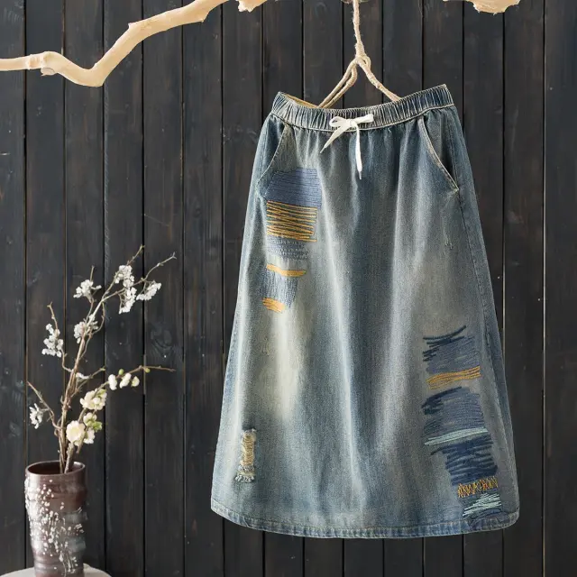 Spring And Summer New Denim A line Skirt Literary Fan Elastic Waist Embroidery Loose Blue - Shop at LoveMi