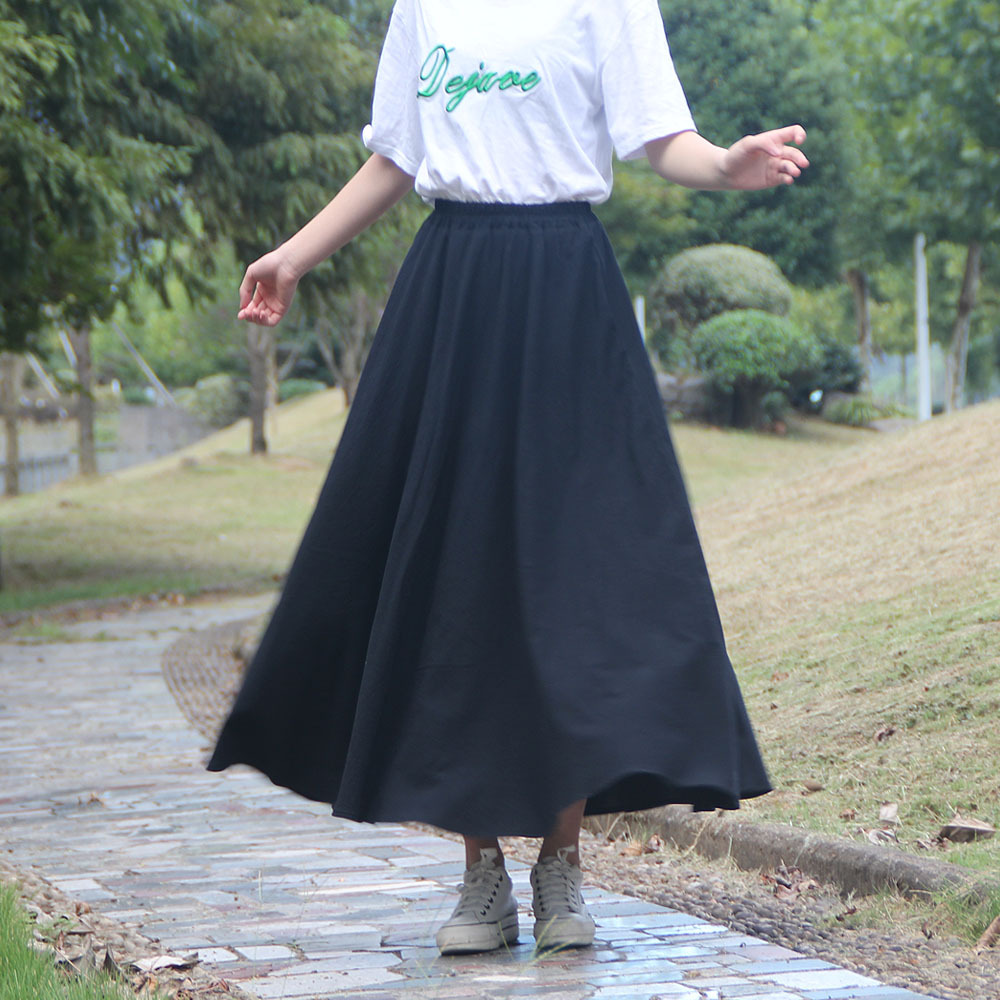 Title 4, Washed Cotton and Linen Skirt Solid Color Elast...