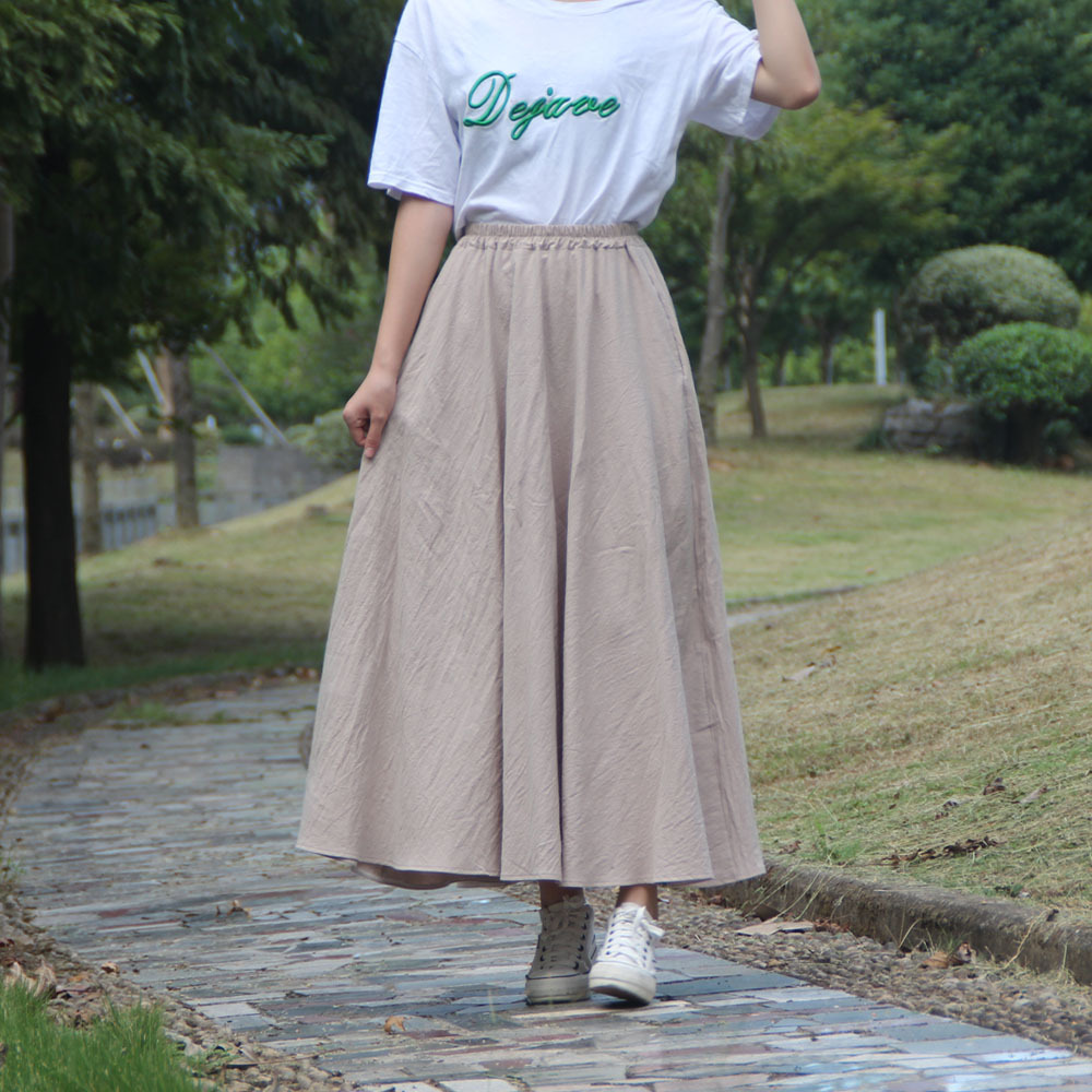 Title 1, Washed Cotton and Linen Skirt Solid Color Elast...