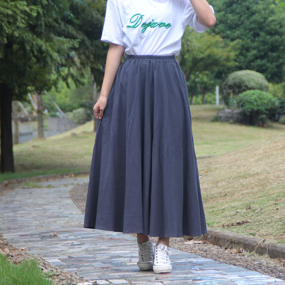 Title 2, Washed Cotton and Linen Skirt Solid Color Elast...