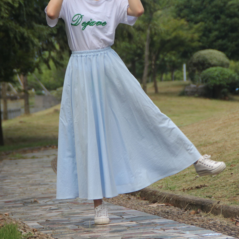 Title 3, Washed Cotton and Linen Skirt Solid Color Elast...