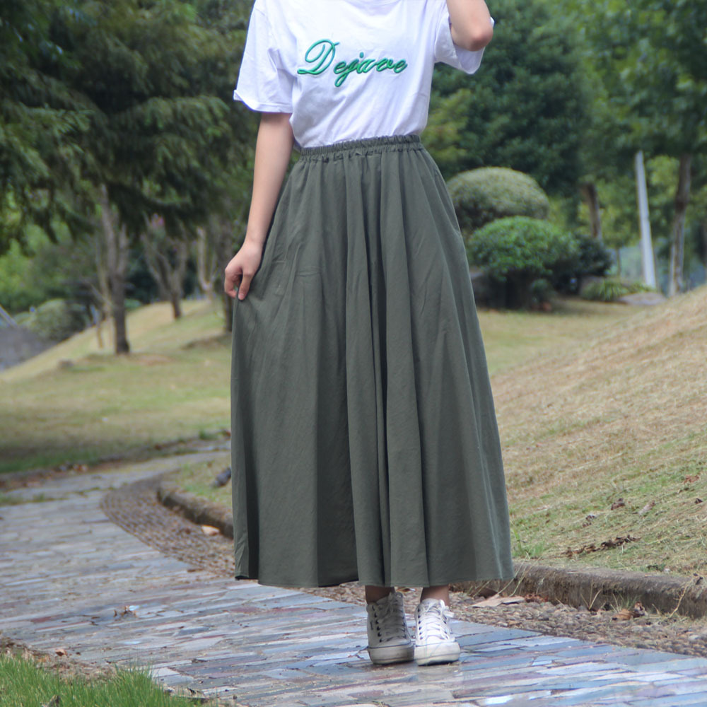 Title 5, Washed Cotton and Linen Skirt Solid Color Elast...