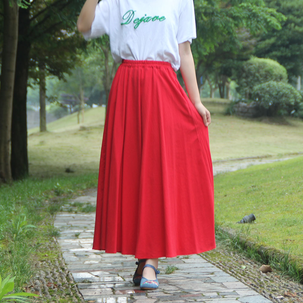 Title 10, Washed Cotton and Linen Skirt Solid Color Elast...