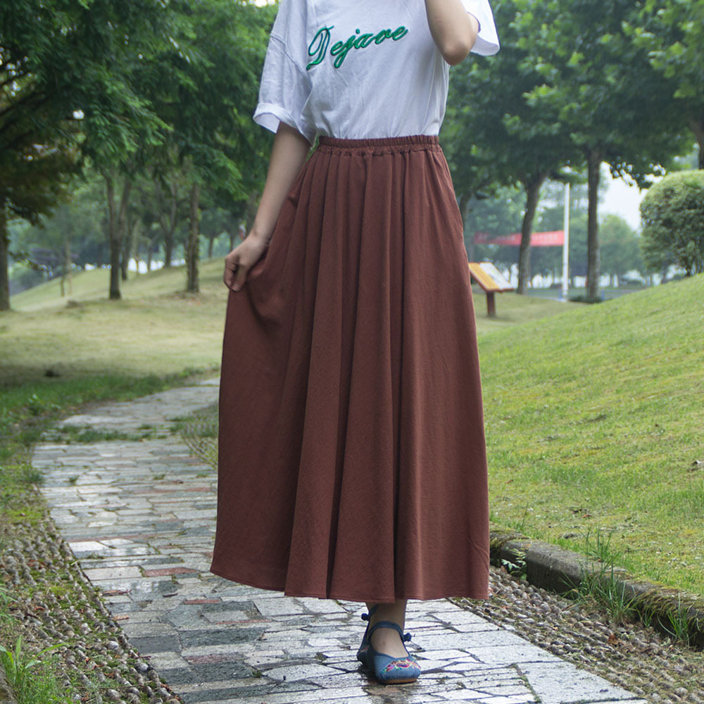 Title 12, Washed Cotton and Linen Skirt Solid Color Elast...