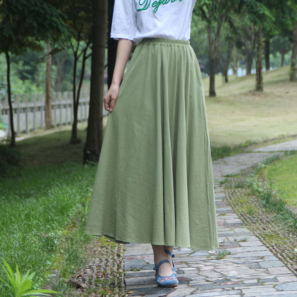 Title 13, Washed Cotton and Linen Skirt Solid Color Elast...